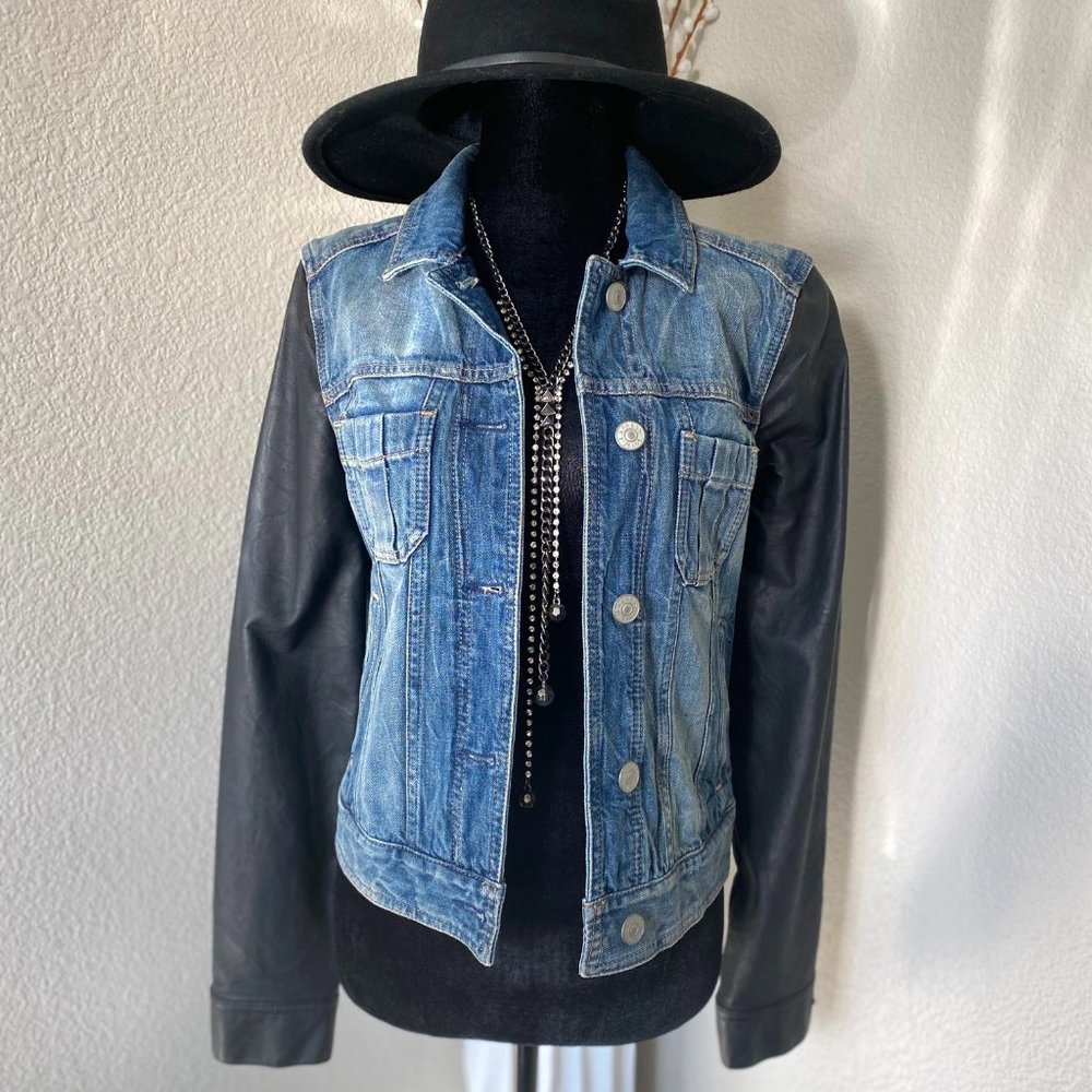 Denim Jacket with Faux Leather Sleeves